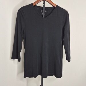 Chico's Black V-Neck‎ 3/4 Sleeve 100% Cotton Tee Top Size 1 M Capsule Wardrobe